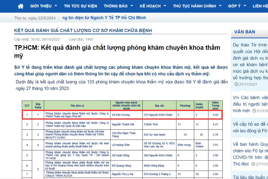 Thẩm mỹ Ngọc Phú tiếp tục khẳng định vị thế dẫn đầu khi đạt thứ hạng cao nhất trong bảng xếp hạng chất lượng phòng khám chuyên khoa thẩm mỹ do Sở Y Tế TP.HCM công bố.